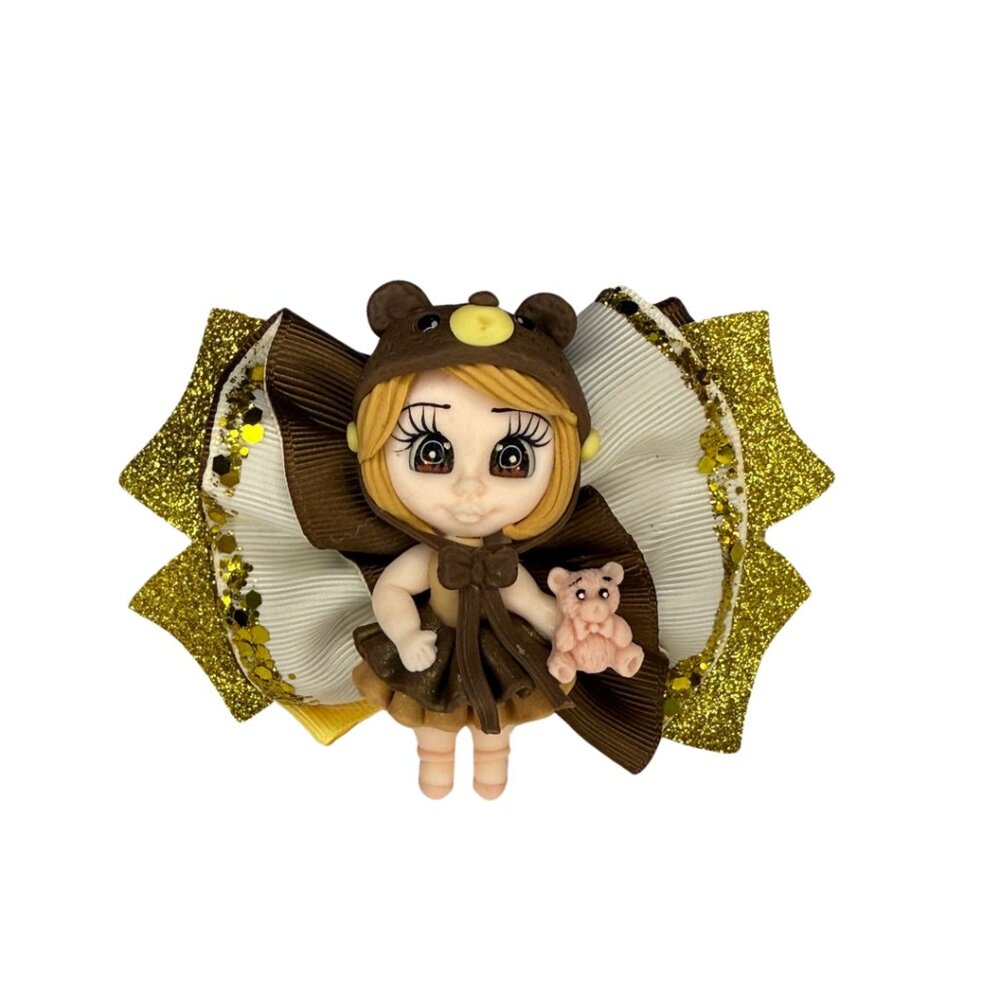 Teddy Bear Girl Hair Bow with Glitter Gold Accents